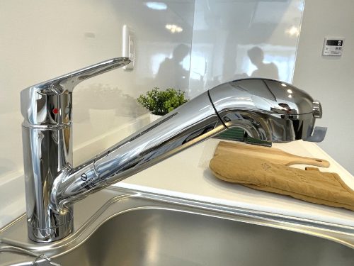 浄水器付のキッチン水栓。シャワーヘッドも伸びてシンク全体に回しかけできます。(キッチン)