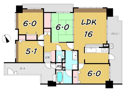 角住戸の4LDK　LDKは約16帖(間取)