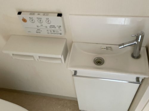 使いやすい二連のペーパーホルダーとトイレの手洗い器があります