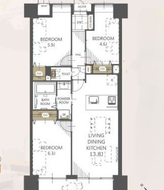 元和室もフローリングに貼替て全洋室の3LDK(間取)