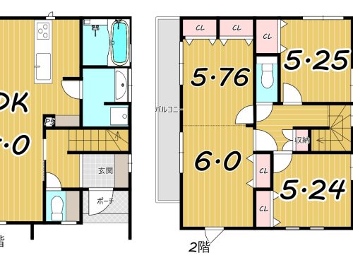 ２階の11.76帖のお部屋は二つに仕切って4LDKにもできます。(間取)