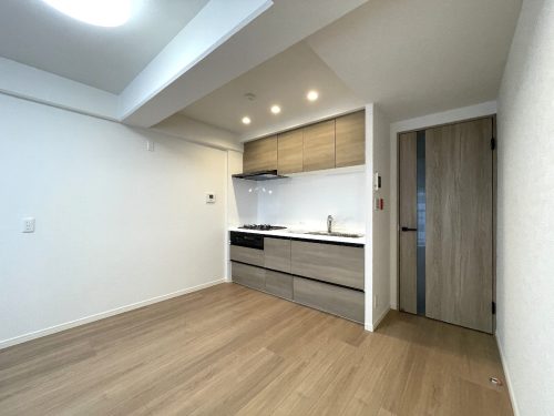 キッチンスペースは壁面収納にするか、カウンター型収納にするか、お手持ちのキッチン家具をご利用いただく事も可能。(居間)