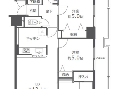 南向きバルコニーの東側角住戸(間取)